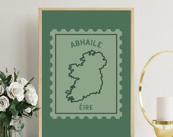 Impression numérique de la carte de l'Irlande, Abhaile Éire, décoration murale d'art maison irlandaise, affiche de timbre irlandais imprimable, décoration de cuisine, dictons irlandais