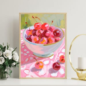 Cherry Bowl Art Print - Modern Still Life Digital Download, Pink Kitchen Wall Art, Vibrant Fruit Illustration, Playful Cherry Artwork