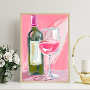Rosé Wine Art Print - Pink Wine Glass & Bottle Digital Download, Modern Bar Cart Decor, Wine Lover Wall Art, Chic Kitchen Printable