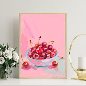 Cherry Bowl Art Print - Modern Still Life Digital Download, Pink Kitchen Wall Art, Vibrant Fruit Illustration, Playful Cherry Artwork