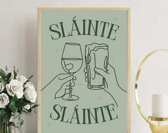 Sláinte Guinness Pint konsttryck öl feminint stout vinglas grönt, digital nedladdning, modern bardekor, söt väggkonst, irländsk Irlandkonst