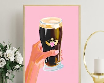 Guinness Pint konsttryck feminin stout i rosa - digital nedladdning, modern bardekor, söt pubväggkonst, Claddagh-inspirerad irländsk Irlandkonst