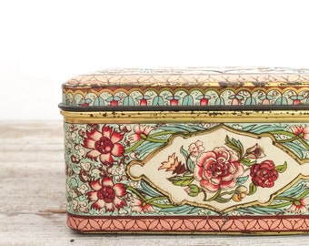Vintage Floral Tin Trinket Box, Colorful Vintage Tin, Vintage Box with Lid