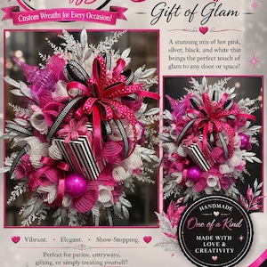 May include: A decorative wreath featuring hot pink, silver, black, and white mesh, ribbons, and ornaments. The design includes a central black and white striped gift box accent, silver foliage, and pink baubles. Text includes The Dzyne Lab by JB.