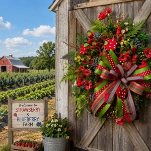 May include: A colourful wreath with red and green ribbons, artificial strawberries, and flowers hangs on a weathered wooden door. The wreath is part of a farm-themed display, with a sign that reads "Welcome to Strawberry & Blueberry Farm" in front of a strawberry field.
