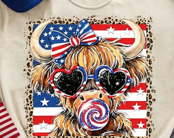 Highland Cow USA Png, 4th of July Png, America Png, Highland Cow Png, Patriotic Mama Png, USA Flag Png
