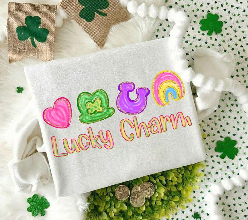 May include: White sweatshirt with a colorful "Lucky Charm" design featuring a pink heart, green shamrock, purple horseshoe, and rainbow. The design has a glittery outline. Decorative shamrock banners and accents are in the background.