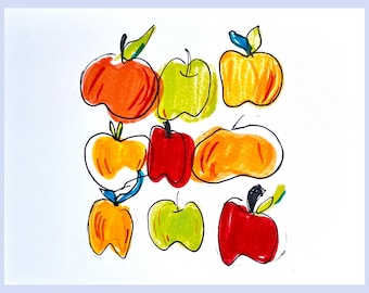 May include: A colorful illustration of nine apples in various colors, including red, orange, yellow, and green. Each apple is outlined in black with a simple, artistic style, and has a green or blue leaf. The artwork is on a white background.