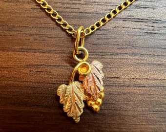 10k Black Hills Rose and Yellow Gold Dainty Leaf Pendant on 20" Yellow 10k Gold Chain Vintage 1970s