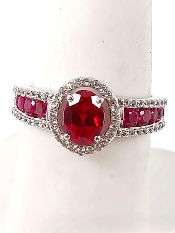 Oval Cut Lab Created Ruby & White Sapphire Halo R… - image 6