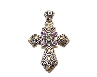 18k Gold 925 Vintage BJC Samuel Benham Amethyst & Pale Emerald Cross Pendant