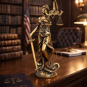 Peut inclure: Statue en bronze de la Justice, tenant une balance et une épée, posée sur un bureau avec un livre portant l'inscription "LAW FIRM". L'arrière-plan comprend une bibliothèque, un drapeau américain et une lampe de bureau, dans un cadre professionnel.