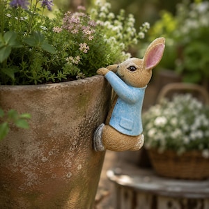 May include: A decorative garden ornament featuring a brown rabbit in a light blue jacket, climbing a brown flower pot. The rabbit has pink ears and is set against a backdrop of green plants and flowers, creating a charming garden display.