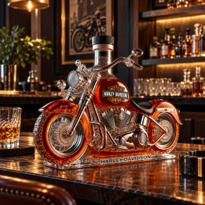 May include: A clear glass decanter shaped like a motorcycle filled with amber liquid. The fuel tank features the Harley-Davidson Motor Company logo in orange and black. The base is inscribed with the text Harley-Davidson in black lettering.