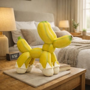 May include: A whimsical sculpture of a dog crafted from yellow bananas with green tips and white bases. The banana dog is posed on a wooden table, adding a playful touch to the room's decor. The clock on the table reads 9:56.