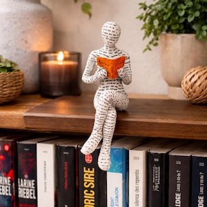 Könnte beinhalten: Dekorative Figur einer lesenden Person, die auf einem Holzregal sitzt. Die Figur ist mit Text bedeckt und hält ein orangefarbenes Buch. Das Regal ist mit Büchern gefüllt, und im Hintergrund befinden sich Pflanzen und eine Kerze.