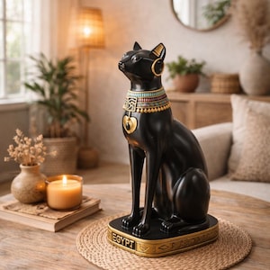 Può includere: Statua di gatto nero con dettagli dorati, tra cui orecchini e un collare con dettagli turchese e oro. La base recita "EGYPT" in oro. Su un tavolo rotondo di legno.