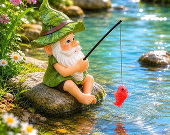 Estatua de gnomo pescador para jardín, mini resina, decoración de jardín de hadas, figura de elfo colgante, decoración de estanque, adorno de maceta.