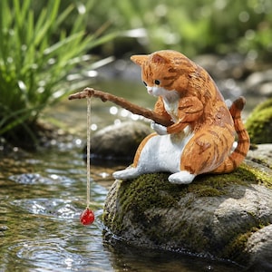 May include: A whimsical figurine of a ginger tabby cat fishing with a twig and string. The cat is seated on a mossy rock in a stream, holding the twig with a red, round lure dangling in the water. The cat has white paws and belly.