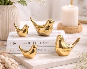 Gold Bird Statue – Minimalist Scandinavian Ceramic Bird Figurine, Modern Table Decor