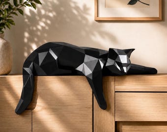 Geometric Cat Statue – Modern Resin Sculpture for Home Decor – Minimalist Black or White Animal Figurine