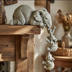 Peut inclure: Une figurine d'éléphant grise avec trois petits éléphants suspendus à sa trompe. Le grand éléphant repose sur une étagère en bois. La figurine a une surface texturée et est un objet décoratif.