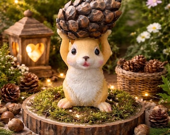 Estatua de ardilla para jardín con piña, decoración para jardín exterior, figura de animal adorable, adorno de resina para patio o balcón, regalo decorativo