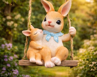 Altalena a forma di coniglio, decorazione da giardino, statuetta di coniglio da appendere, ornamento in resina per esterni, decorazione per patio, simpatico regalo a forma di coniglio, statua da giardino