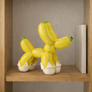 May include: A whimsical sculpture of a dog made from yellow banana shapes with white accents on the feet. The sculpture is displayed on a wooden shelf, adding a touch of playful art to the decor.