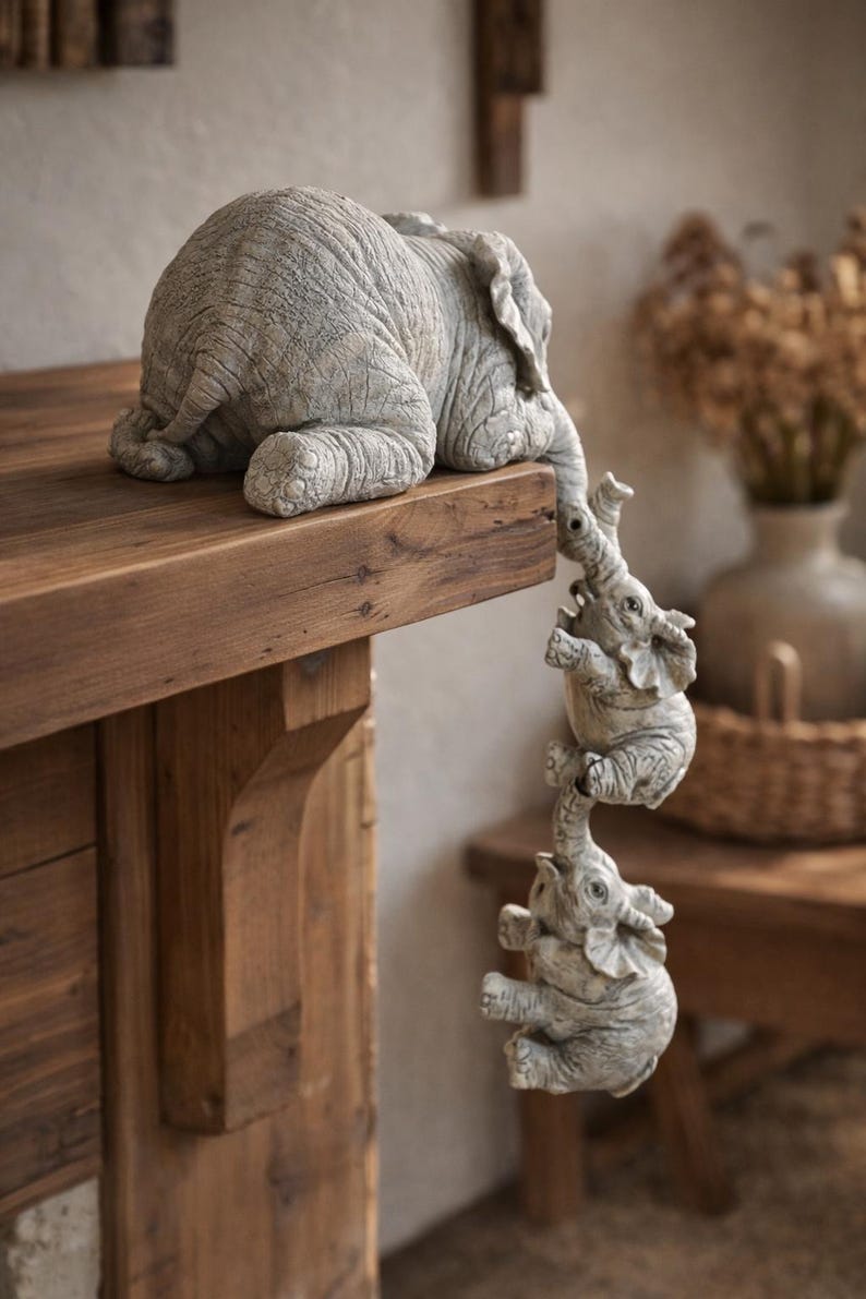 May include: A gray elephant sculpture with three smaller elephants hanging from its trunk. The sculpture is resting on a wooden surface. The elephants are detailed with textured skin and are a light gray color.