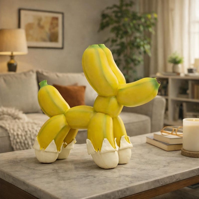 May include: A whimsical sculpture of a dog made from yellow bananas. The banana dog has white, textured feet and green tips on the bananas. The sculpture is displayed on a marble-topped table in a living room setting.