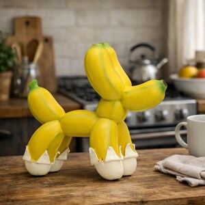 May include: A whimsical sculpture of a dog made from yellow bananas with green tips. The banana dog has white, textured feet. The sculpture is on a wooden surface, with a kitchen setting in the background.