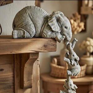 May include: A gray elephant figurine with three smaller elephants stacked below. The largest elephant rests on a wooden shelf, while the smaller ones are balanced on top of each other. The figurine has a textured surface and is a decorative item.