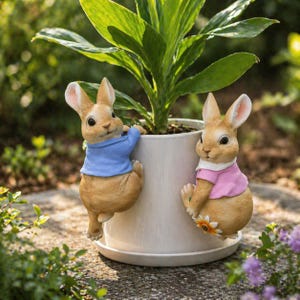 Peut inclure: Deux figurines de lapin, l'une en chemise bleue et l'autre en chemise rose, s'accrochent à un pot de fleurs blanc. Les lapins ont une fourrure beige et des détails peints. Une plante verte est dans le pot.