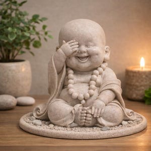 May include: A beige-colored, smiling Buddha statue with one hand covering its eyes. The statue is wearing a robe and a beaded necklace. It is sitting on a round, textured base. A small plant and a lit candle are in the background.