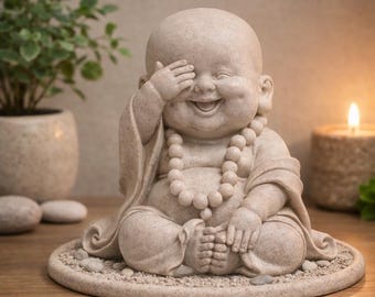 May include: A beige-colored, smiling Buddha statue with one hand covering its eyes. The statue is wearing a robe and a beaded necklace. It is sitting on a round, textured base. A small plant and a lit candle are in the background.