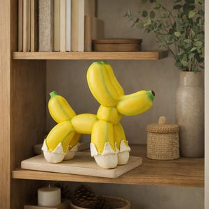 May include: A whimsical yellow banana dog sculpture with white accents on its feet, displayed on a wooden shelf. The sculpture has green tips and is positioned in front of a neutral-toned background. The shelf also holds books, a candle, and decorative items.