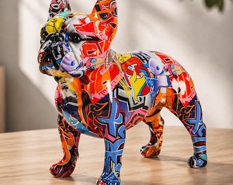 Colorful Resin Dog Statue – Modern Graffiti Sculpture | Pop Art Decor for Living Room, Office or Bedroom