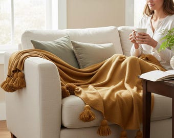 Manta de algodón color camello tejida a mano: borlas bohemias marroquíes hechas a mano