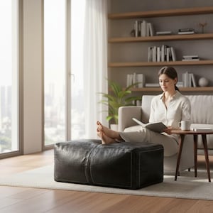 May include: A black leather ottoman with white stitching is in a living room. A person is sitting on a light-colored sofa, reading a book, with their feet resting on the ottoman. A small side table and a window are also visible.