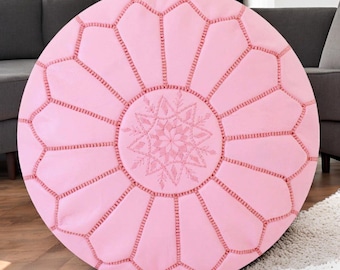 Handmade Pink Moroccan Leather Pouf: Boho Ottoman Footstool (Unstuffed)