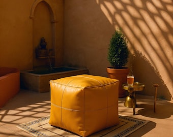 Handmade Moroccan Leather Pouf Ottoman: Cognac Square Boho Footstool pouf (Unstuffed)
