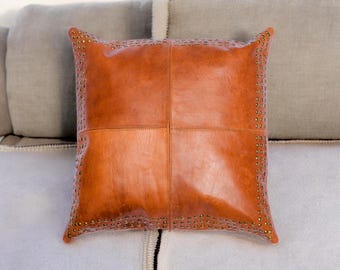 Funda de almohada de cuero marrón hecha a mano: cojín marroquí