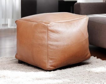 Handmade Moroccan Leather Square Pouf: Boho Ottoman Footstool (Unstuffed)