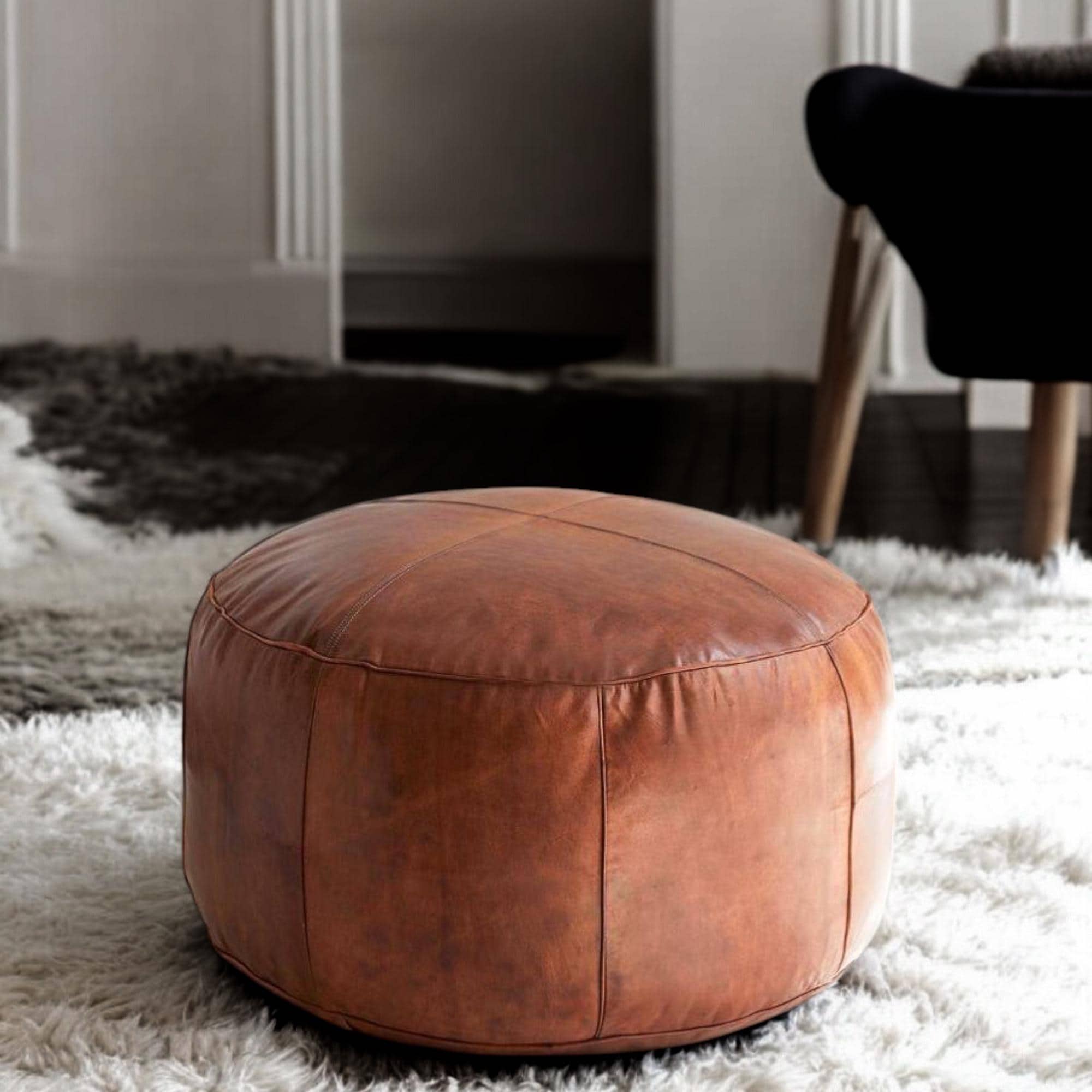 Round Moroccan Leather Pouf, Handmade Leather Footstool Pouf, Tan Leather Ottoman Coffee Table Pouf, Unstaffed Pouf
