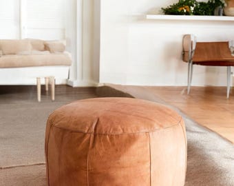Round Leather Ottoman pouf , Moroccan Handmade Ottoman Footstool , Boho Floor Cushion , Storage Tan Ottoman  , Leather Coffee Table Ottoman