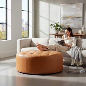 Handmade Moroccan Leather Tufted Pouf: Boho Coffee Table Ottoman Footstool (Unstuffed)