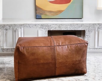 Moroccan Leather Ottoman With Storage | Rectangular Handmade Pouf | Boho Footstool | Leather Coffee Table | Unstuffed Ottoman Stool |