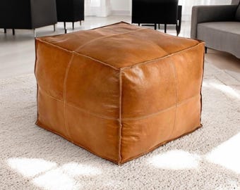 Handgemachter Marokkanischer Leder Pouf Ottomane - Quadratischer Hocker - Leder Fußhocker - Boho Echtleder Ottomane - Authentischer Ottomane