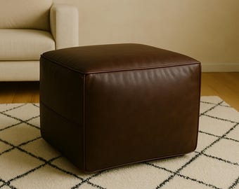 Handmade Dark Brown Leather Ottoman – Square Boho Footstool, Moroccan Floor Cushion (Unstuffed)